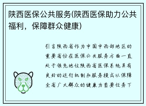 陕西医保公共服务(陕西医保助力公共福利，保障群众健康)